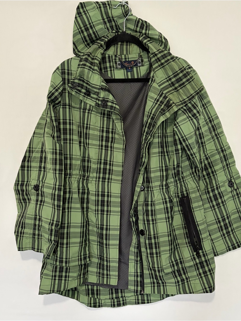 Seven7 Plaid Jacket Raincoat Womens Green Black Grunge 90S Thin Lightweight
